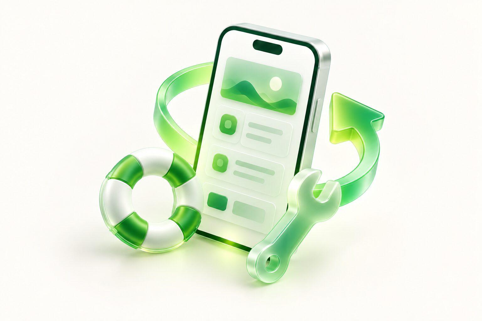 A phone with a life ring, a wrench and an update arrow