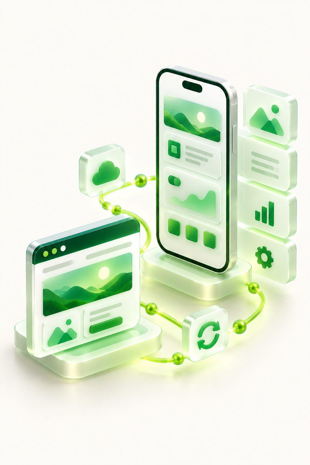 A phone with stacked app cards linked to a small website