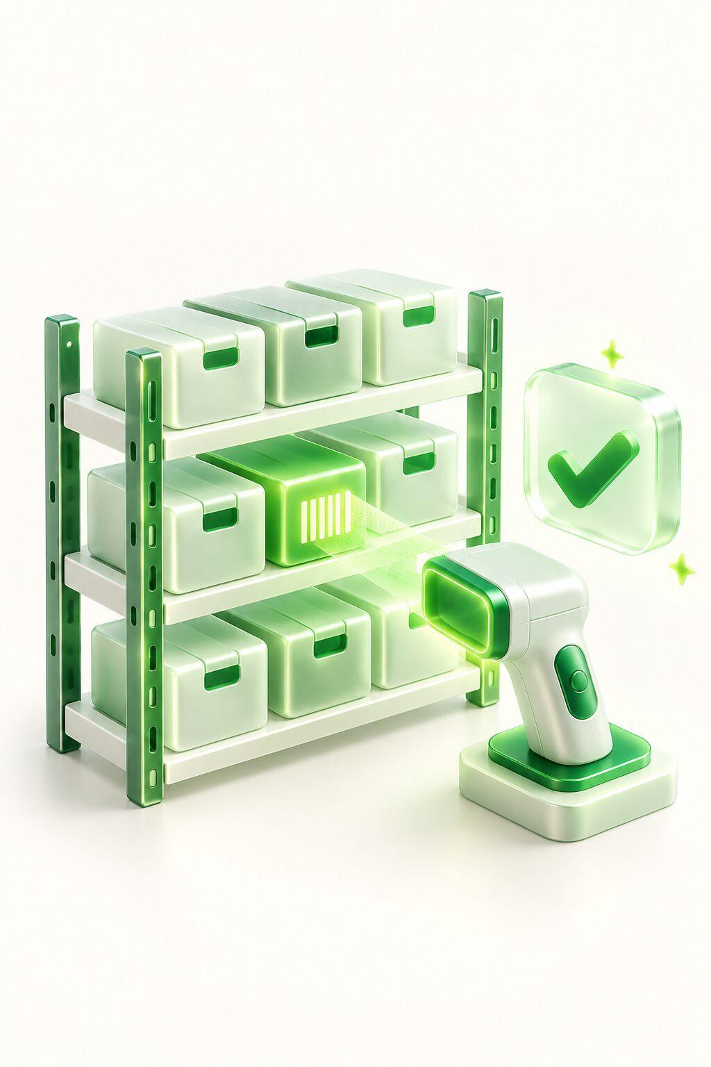 A warehouse shelf of crates with a barcode scanner