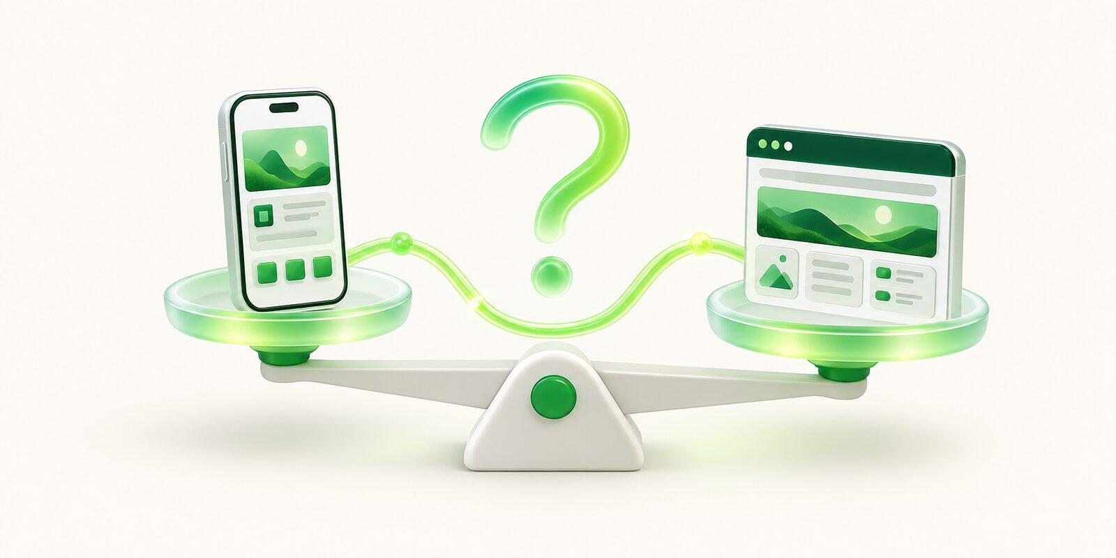 A phone and a website weighed on a balance scale