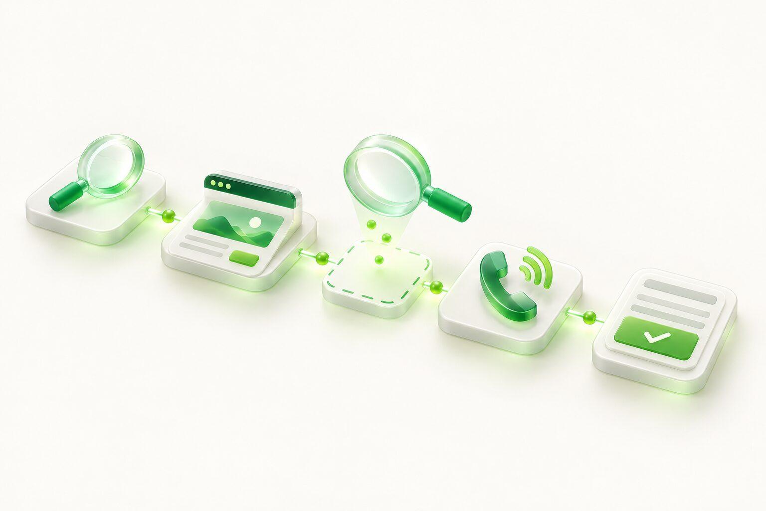A path from search to page to phone call to form, a magnifier over one gap