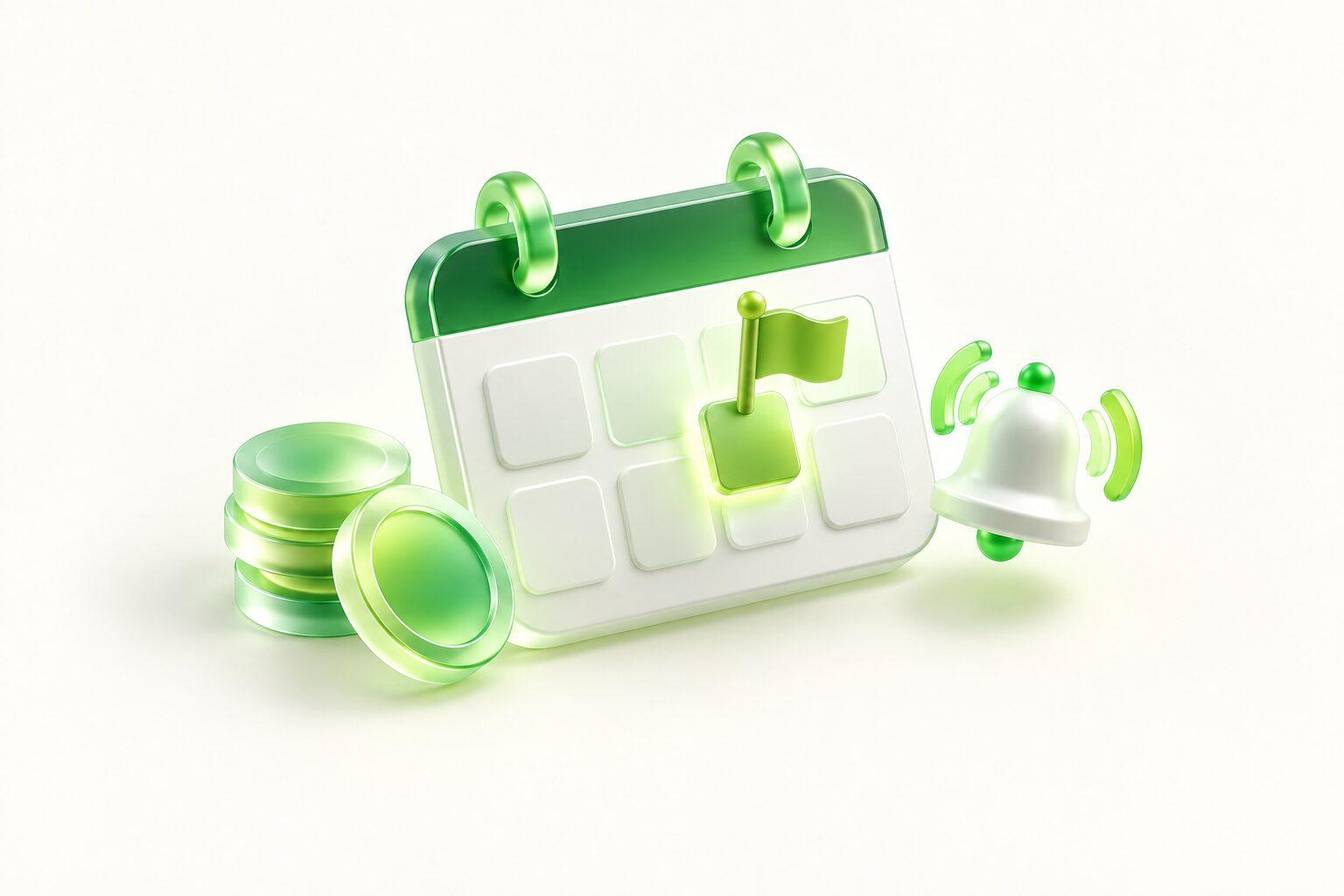A weekly calendar with a green flag, coins and an alert bell
