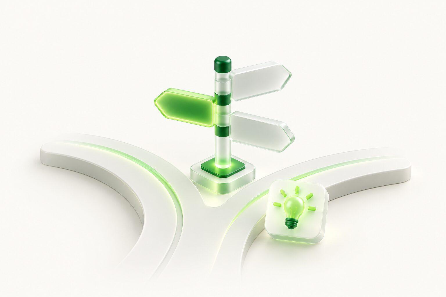 A signpost at a fork in the path, one arrow lit green