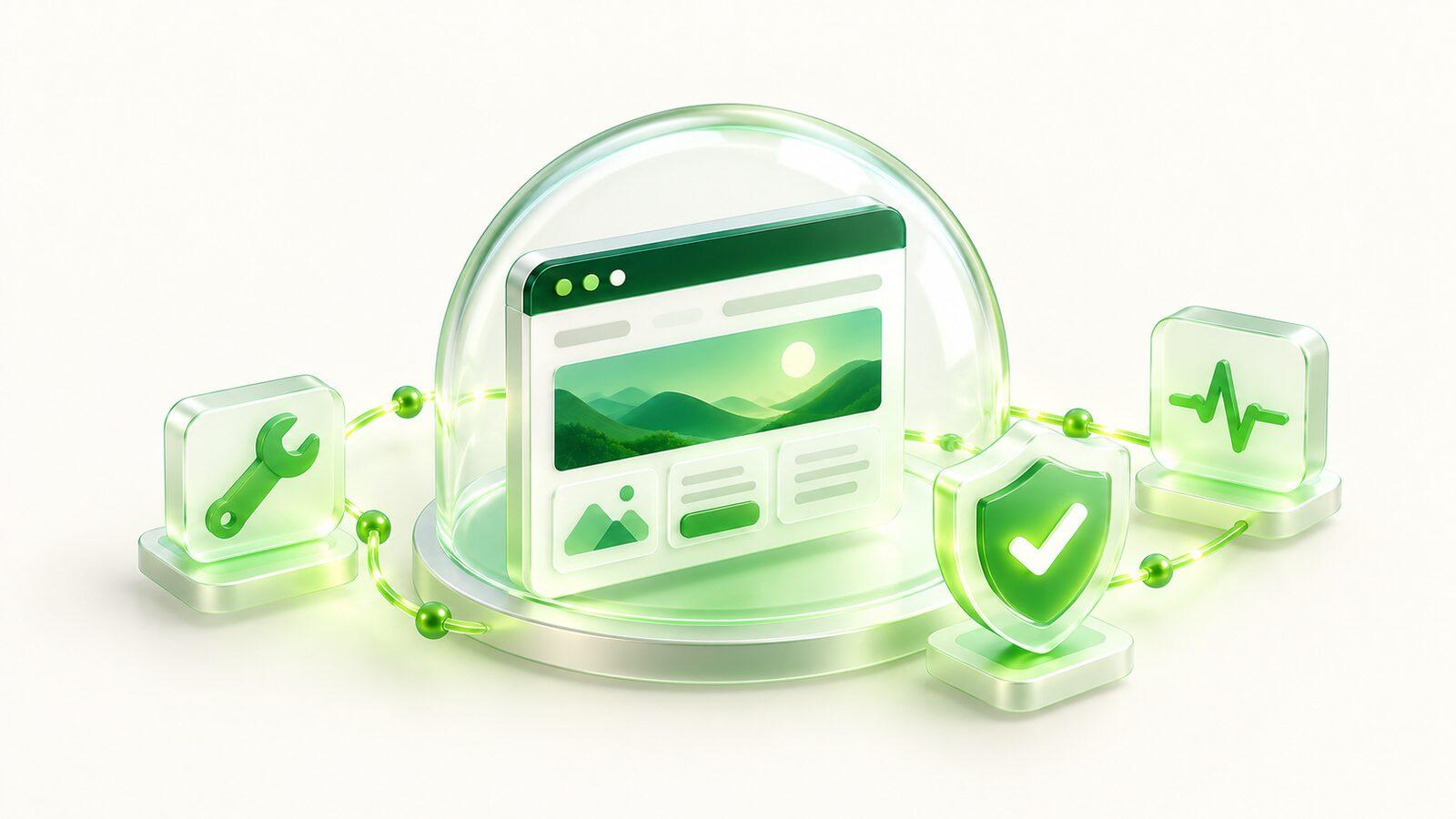 A website under a protective glass dome with a wrench, shield and uptime monitor