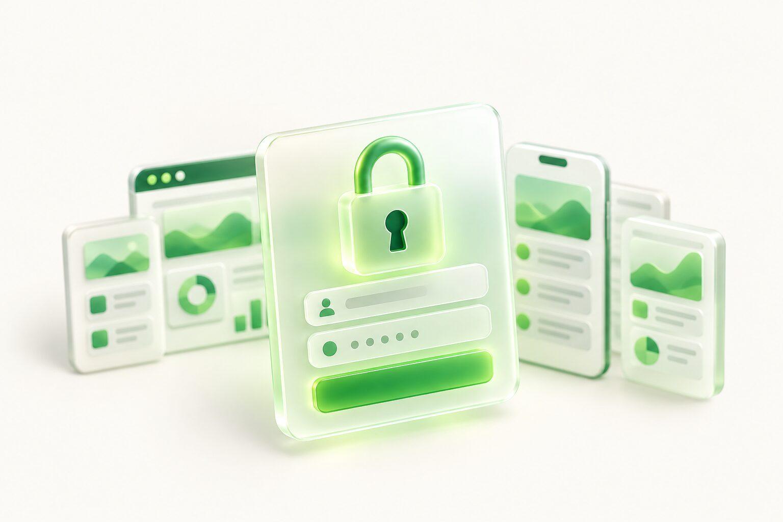 A login panel with a padlock in front of blurred dashboards