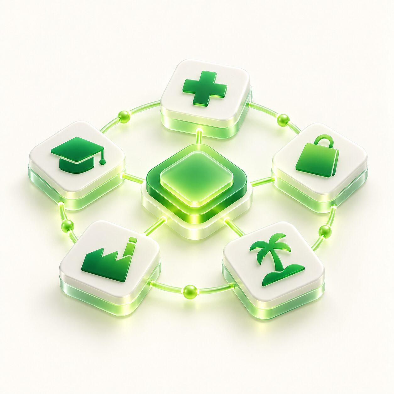 Healthcare, retail, hospitality, manufacturing and education tiles around one hub