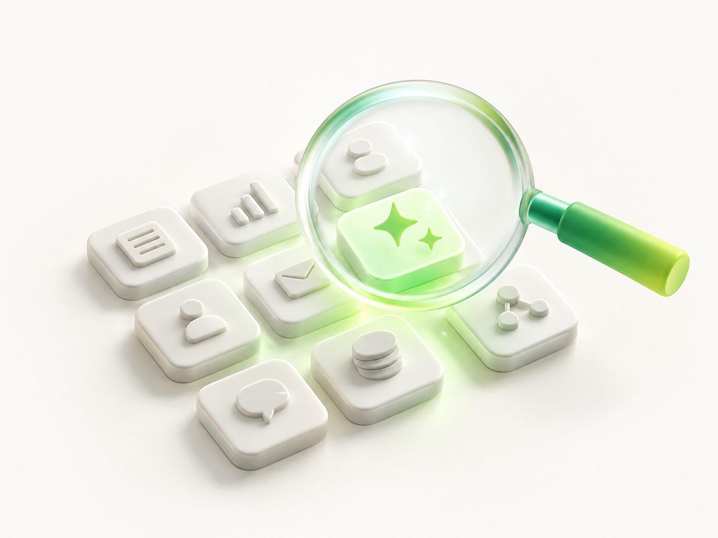 A magnifier over a grid of task tiles, one lifted and glowing green