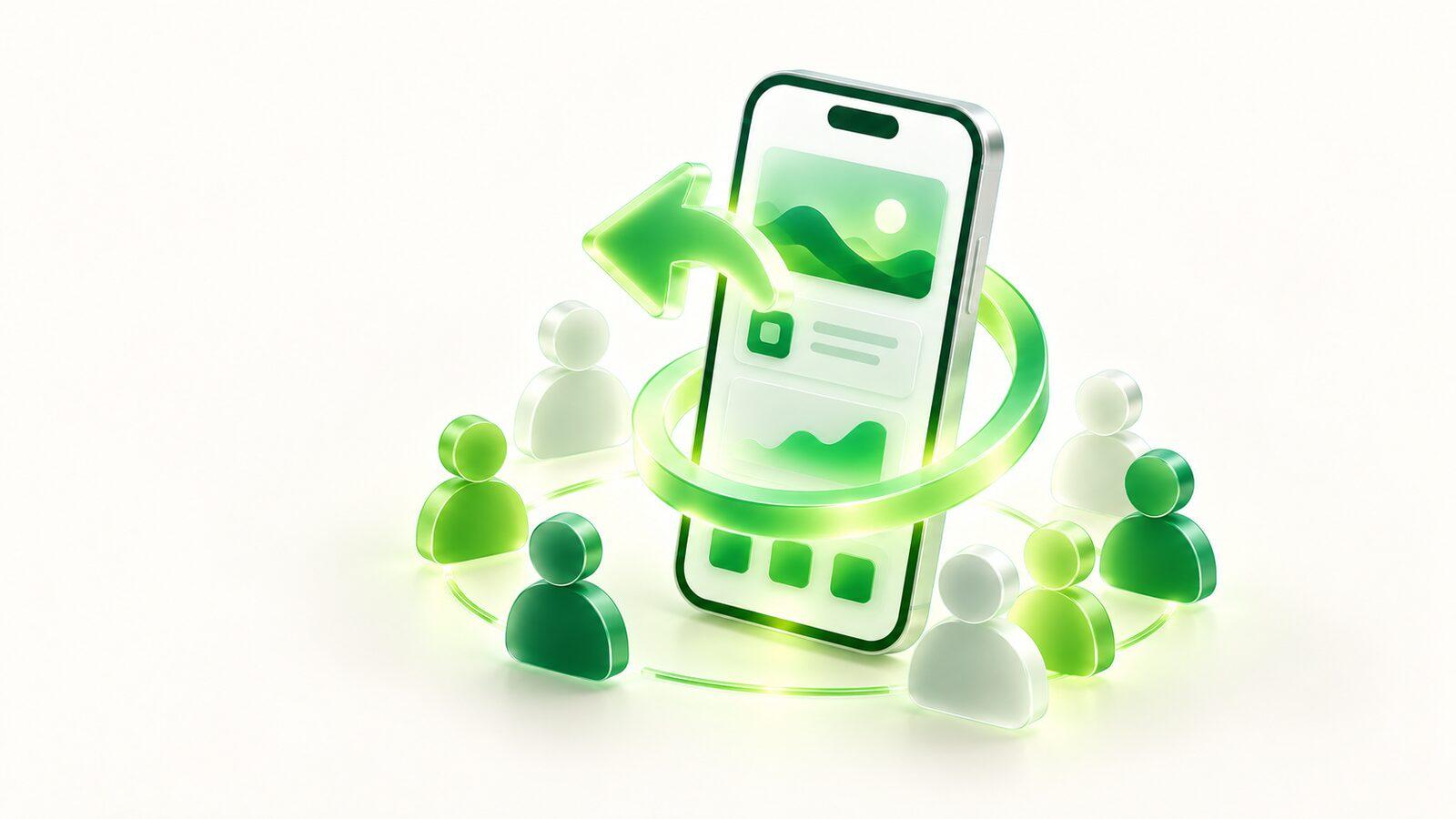 People gathering around a phone with a returning arrow
