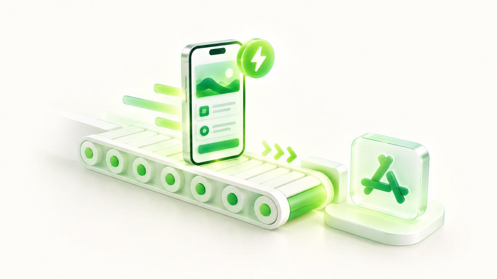 A phone on a track moving toward an app store tile
