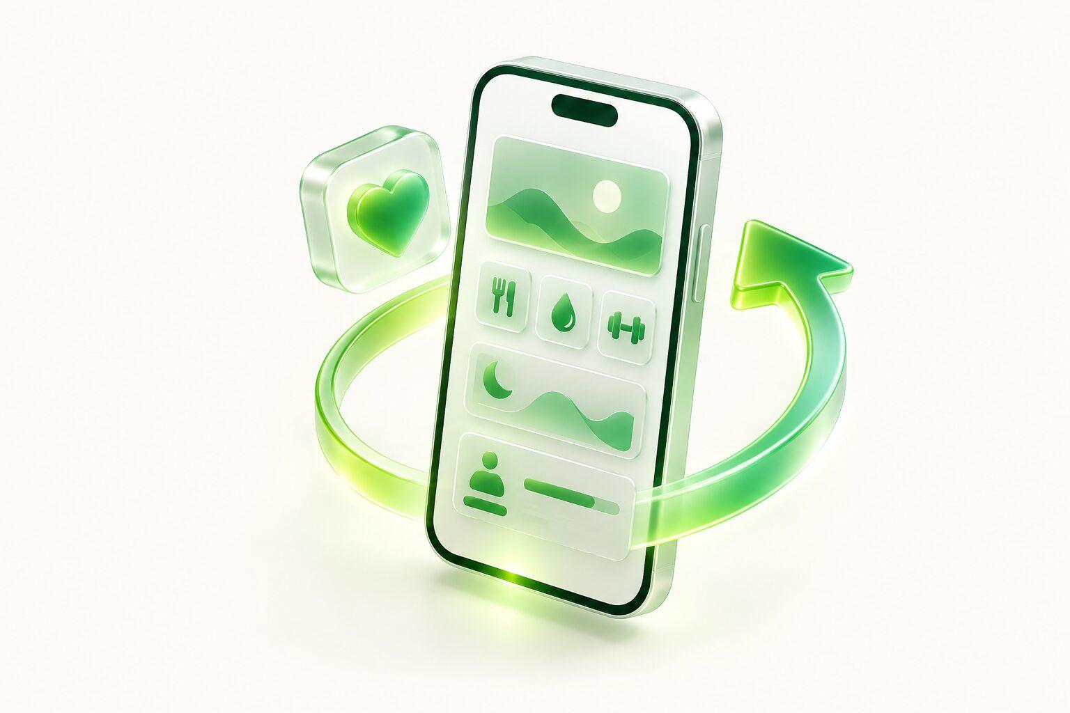 A phone with a heart badge and a returning arrow