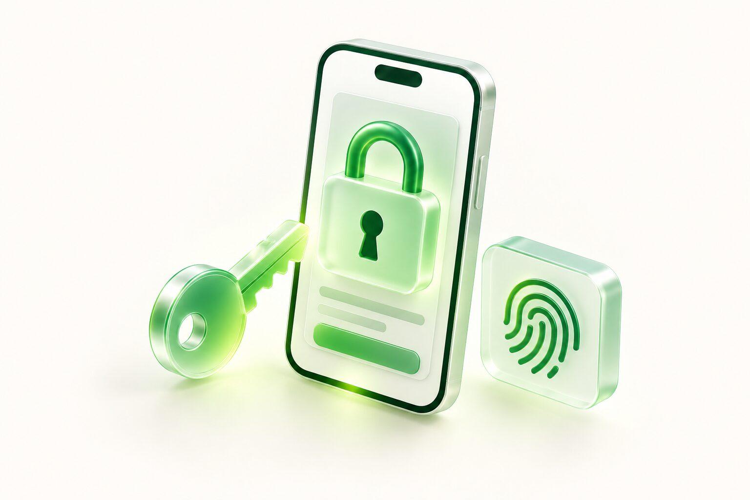 A phone with a padlock, a key and a fingerprint tile
