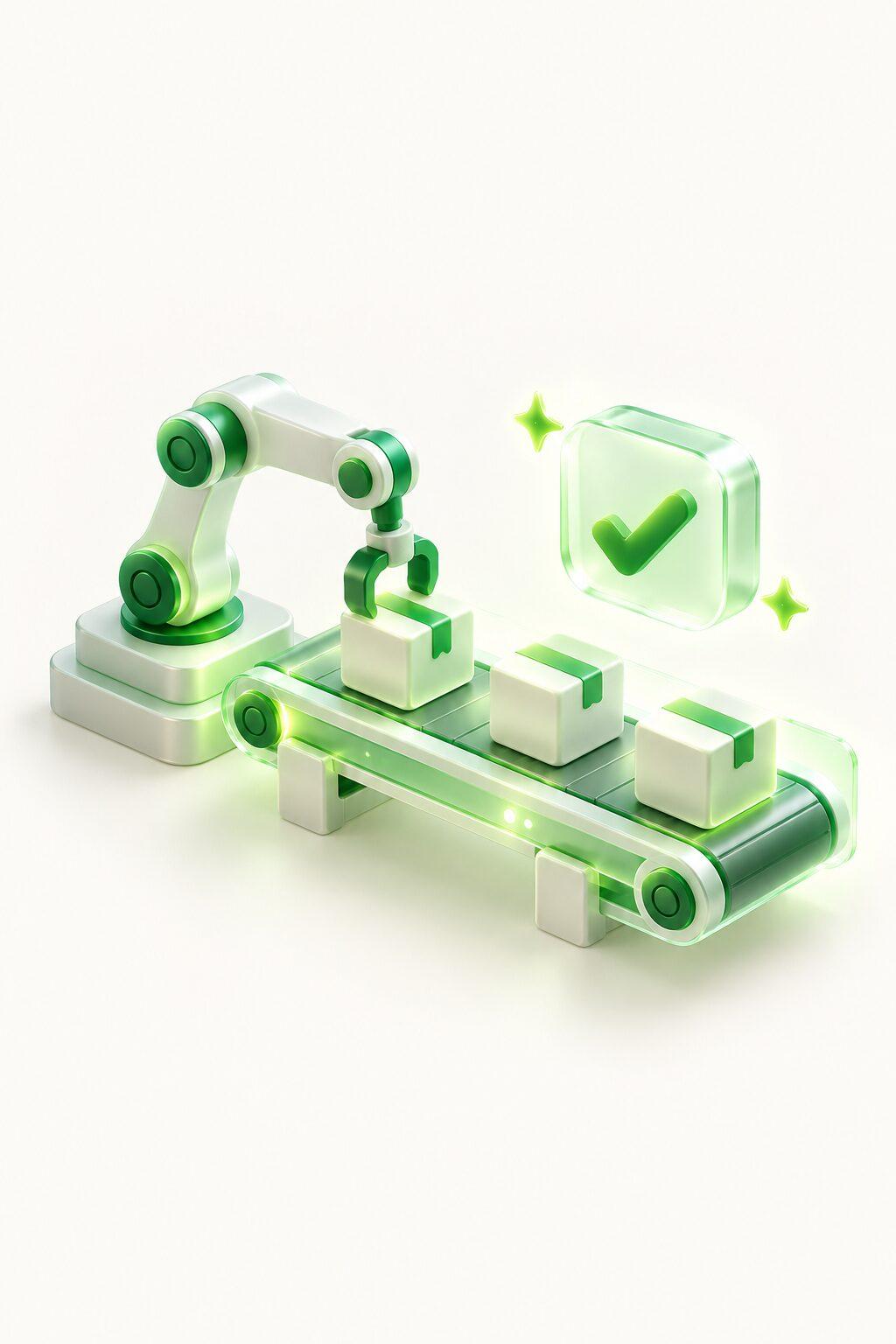 A compact production line with crates, a robot arm and a check mark