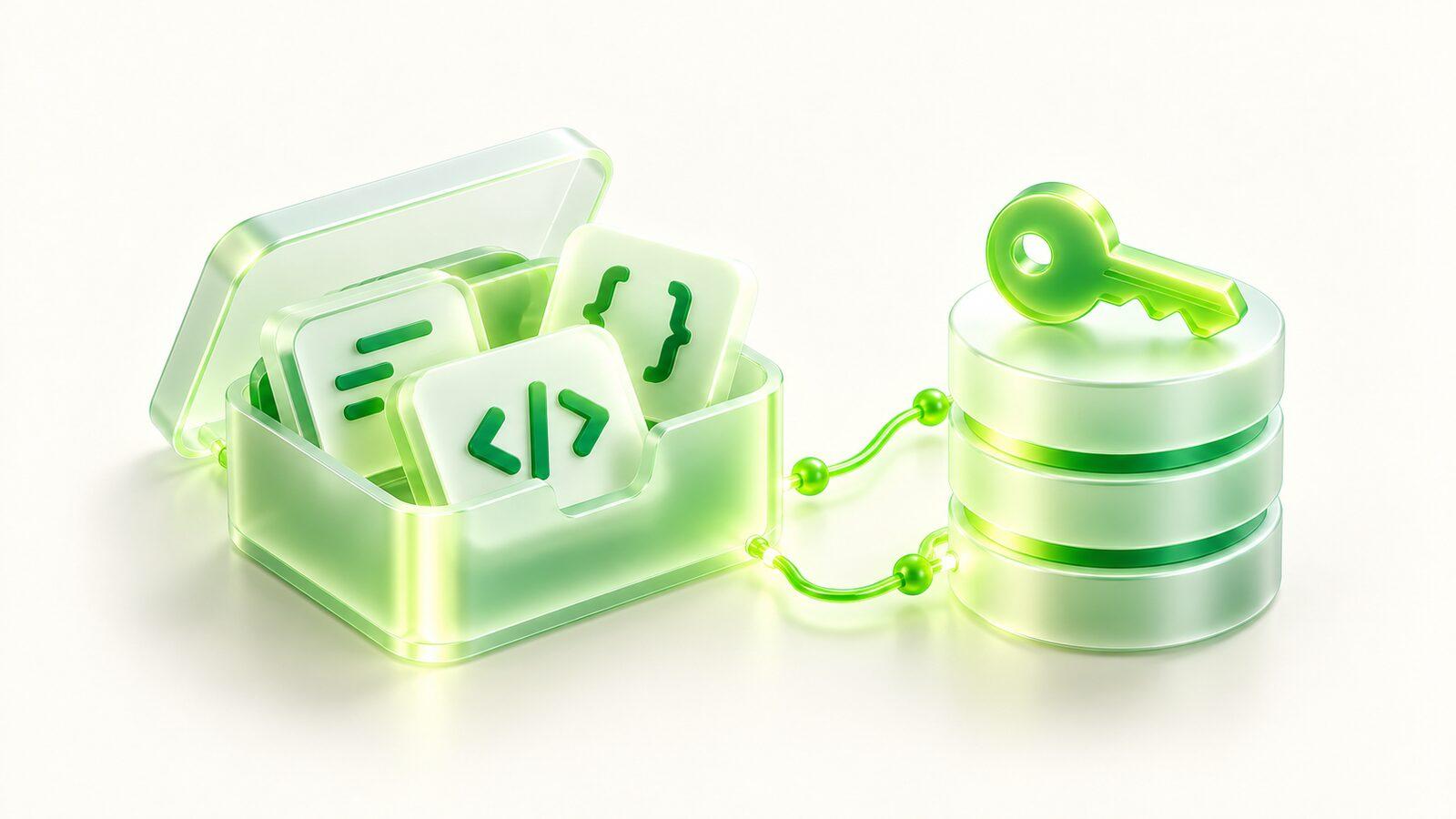 A box of code tiles and a database with a key on top