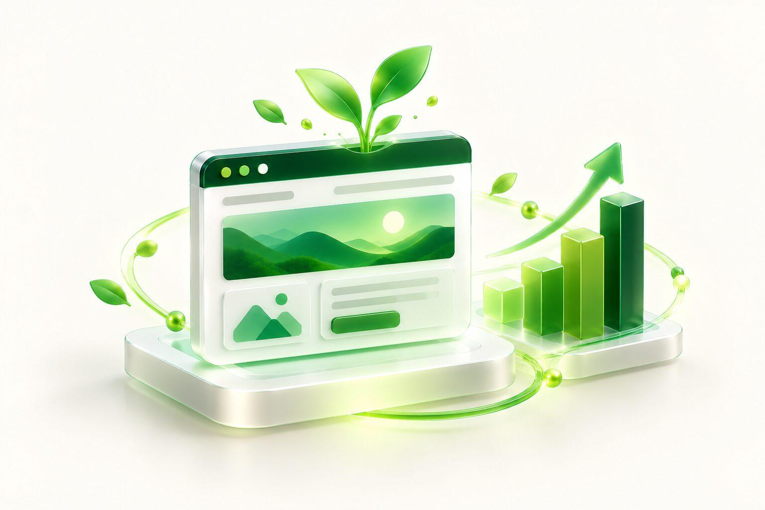 A website with a sprouting plant and a rising bar chart
